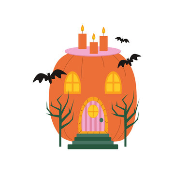 Halloween Pumpkins, Autumn Holiday. Pumpkin House with Cut Out