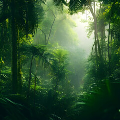 Fototapeta premium A lush, vibrant deep green tropical jungle, with a thick canopy of trees and a sense of exploration 