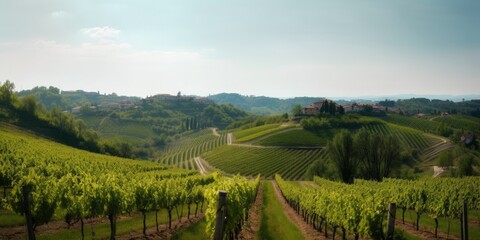 Fototapeta na wymiar Panorama of vineyard in Piedmont region of Italy, Generative AI