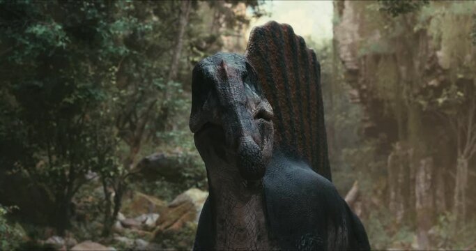 Spinosaurus dinosaurus hunts. A dinosaur in search of prey.