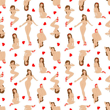 Beautiful sexy nude girls in pinup style on a light white background with hearts. Erotic seamless pattern, print. Vector illustration