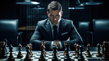 business man analyzing chessboard. strategy and confidence