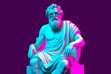 A white statue of Plato in a cool pose, wearing magenta and cyan 3D glasses, ready to party. 