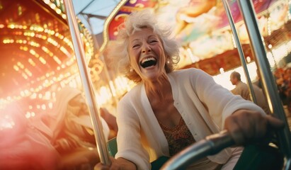 Fototapeta na wymiar Joyful elderly woman riding in an amusement park