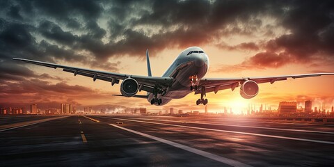 Naklejka premium Capturing essence of air travel at airport. Airplanes against horizon. Unveiling thrills and technology