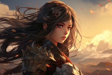 Anime girl warrior on battlefield - obrazy, fototapety, plakaty