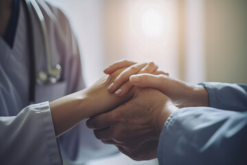 Clasped hands of two medical workers showing compassion