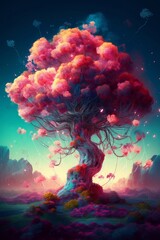 Concept art illustration of beautiful fantasy tree, Generative AI