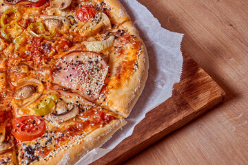 Home made, hot and organic Italian pizza on table. Mamma mia.