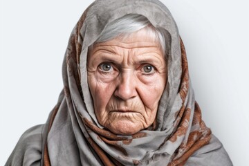 Medium shot portrait photography of a woman in her 50s showing tiredness and a worn-down expression due to chronic fatigue syndrome wearing hijab against a white background 