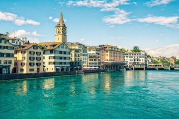 cityscape of the old town in Zurich with St Peter church in summer, Switzerand