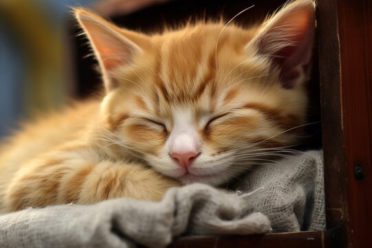 Sweet kitten rests and sleeps, tired from play
