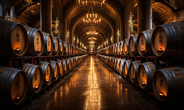 Large barrels in the cellar of the winery.