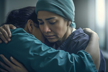 Fototapeta premium Two female health workers in surgical scrubs comforting each other