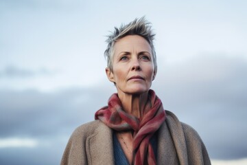 Medium shot portrait photography of a woman in her 40s showing tiredness and a worn-down expression due to chronic fatigue syndrome wearing a chic cardigan against a sky and clouds background 