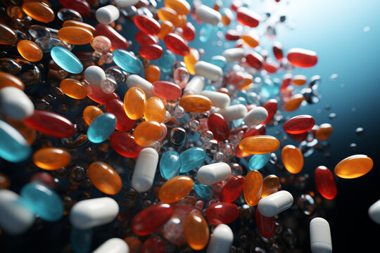 In flight medication pills disperse, a momentary pharmaceutical dance  Generative AI