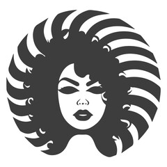 African pretty woman with afro and bun hairstyle Portrait. Silhouette on transparent background. PNG and SVG afro girl.