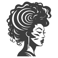 African pretty woman with afro and bun hairstyle Portrait. Silhouette on transparent background. PNG and SVG afro girl.