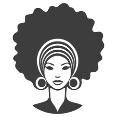 African pretty woman with afro and bun hairstyle Portrait. Silhouette on transparent background. PNG and SVG afro girl.