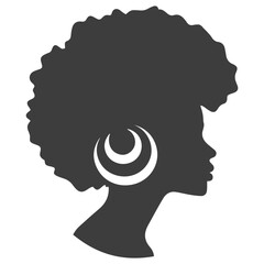 African pretty woman with afro and bun hairstyle Portrait. Silhouette on transparent background. PNG and SVG afro girl.