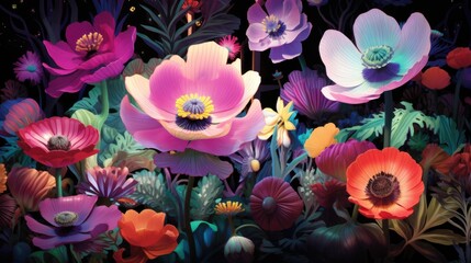 Blossom flowers underwater. Creative floral concept for advertisement, banner, ad, poster, wallpaper. Colorful AI illustration of the undersea world. Video Game's Digital, Realistic Style Background.