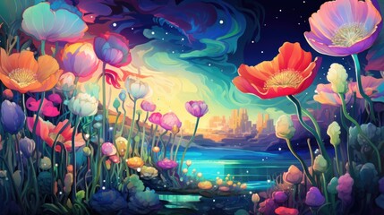 Obraz na płótnie Canvas Blossom flowers underwater. Creative floral concept for advertisement, banner, ad, poster, wallpaper. Colorful AI illustration of the undersea world. Video Game's Digital, Realistic Style Background.