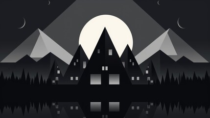 Haunted house silhouette at night for Halloween background. Modern minimal geometric style. AI illustration for website banner, card, poster, children's holiday design, decorations.
