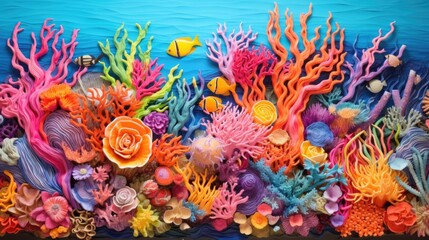 Fototapeta na wymiar Coral reef underwater texture. Vivid corals. Undersea bottom texture. Underwater life scene. AI illustration.