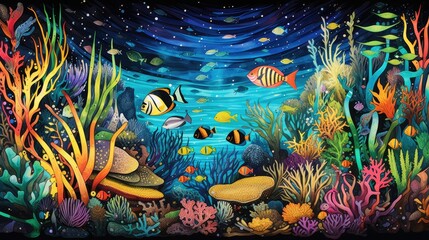 Fototapeta na wymiar Underwater world scene with colorful coral reef. Under the sea background. Marine Life Landscape. Ocean water world. AI illustration..