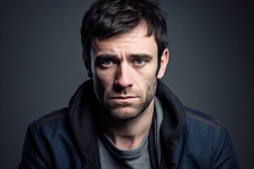 Fototapeta premium Close-up portrait photography of a man in his 30s with a somber and deeply sad expression due to major depression wearing a chic cardigan against a white background 