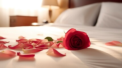 Rose on the bed in the hotel rooms. Rose and her petals on the bed for a romantic evening. honeymoon concept.  