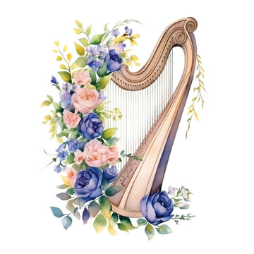 Harp with flowers watercolor paint.