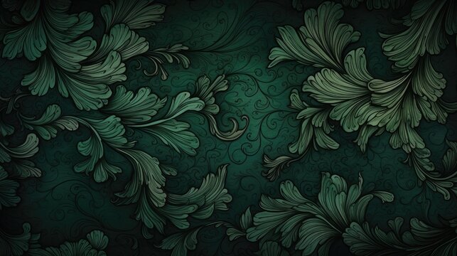a horizontal, dark floral background in Green tones with space for type in a Commercial-themed image as a JPG horizontal format. Generative AI © Purple Penguin GFX
