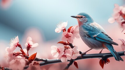 Birds sitting in a tree filled with cherry blossom flowers. 