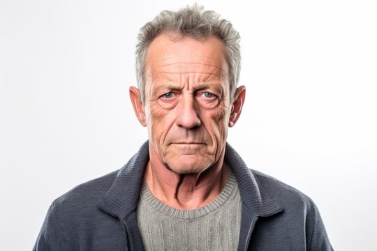 Group portrait photography of a man in his 50s with a somber and deeply sad expression due to major depression wearing a chic cardigan against a white background 