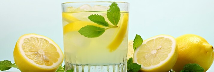 Lemonade in a glass with fresh lemons and mint. Cold summer drink with copy space.