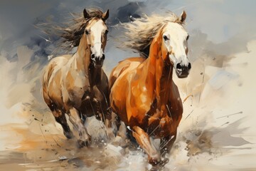 Dramatic Oil Painting Depicting a Strong Brown Arabian Horse Galloping Freely Across Open Plains