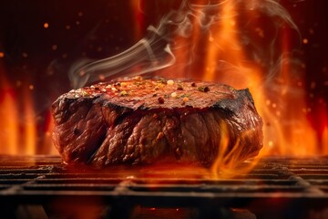 Beef steak on the grill with smoke and flames. 