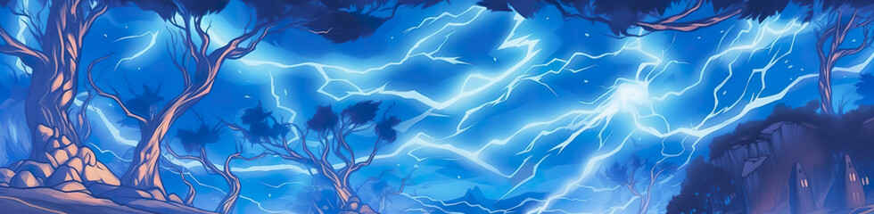 Anime horizontal blue lightning background. Anime cartoon light colors.  - obrazy, fototapety, plakaty