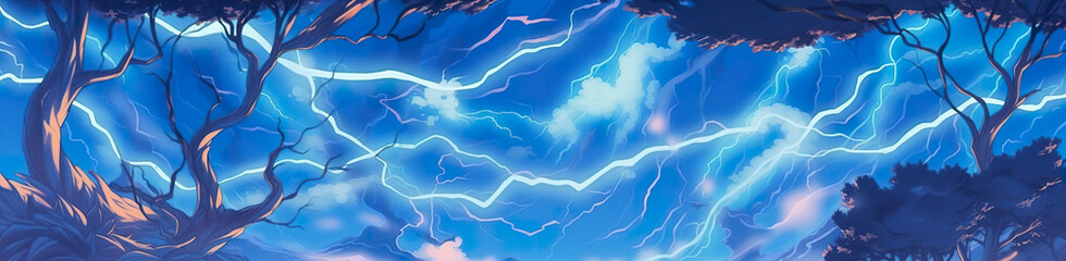 Anime horizontal blue lightning background. Anime cartoon light colors.  - obrazy, fototapety, plakaty