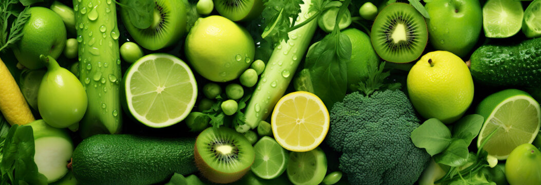 Banner layout of green fruits and vegetables. 