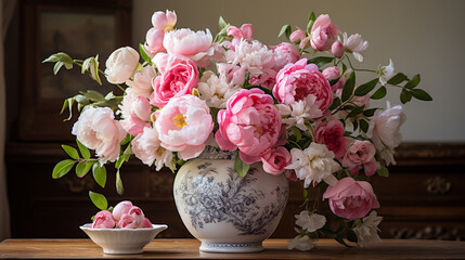 Vintage Charm: Peony Roses Arranged in an Antique Vase, Adding a Touch of Nostalgia to Any Setting 