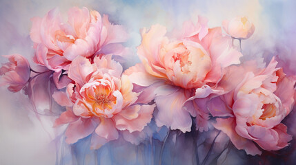 Watercolor Fantasy: Artistic Rendering of Peony Roses in Soft, Fluid Tones, Creating an Ethereal Aura 