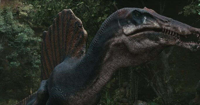 Spinosaurus dinosaurus hunts. A dinosaur in search of prey.