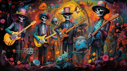 skeleton band and their guitars - obrazy, fototapety, plakaty