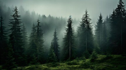 coniferous forest with fog