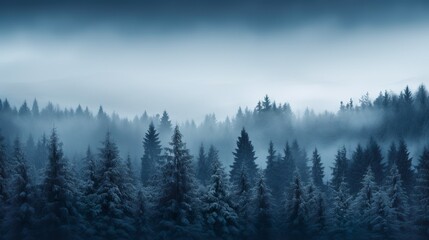 fir forest with a white fog
