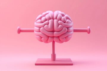 Human brain lifting weights. 3D brain lifting a heavy dumbbell. Mind training, memory health, Alzheimer's prevention, brain training, education, study and menthal health concept. 