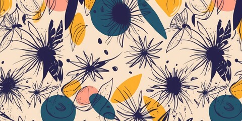 Hand drawn bright abstract floral sketchy pattern. Collage contemporary print. Fashionable template for design, Generative AI