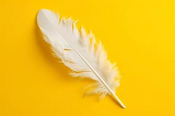 Obraz premium Close up of bright white feather. Copy space, yellow background. Fashion and Party concept. 